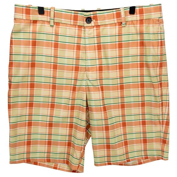 Nike Golf Shorts Dri-Fit Mens Size 34x11 Yellow Orange Plaid Elastic Waist Logo - Picture 1 of 12
